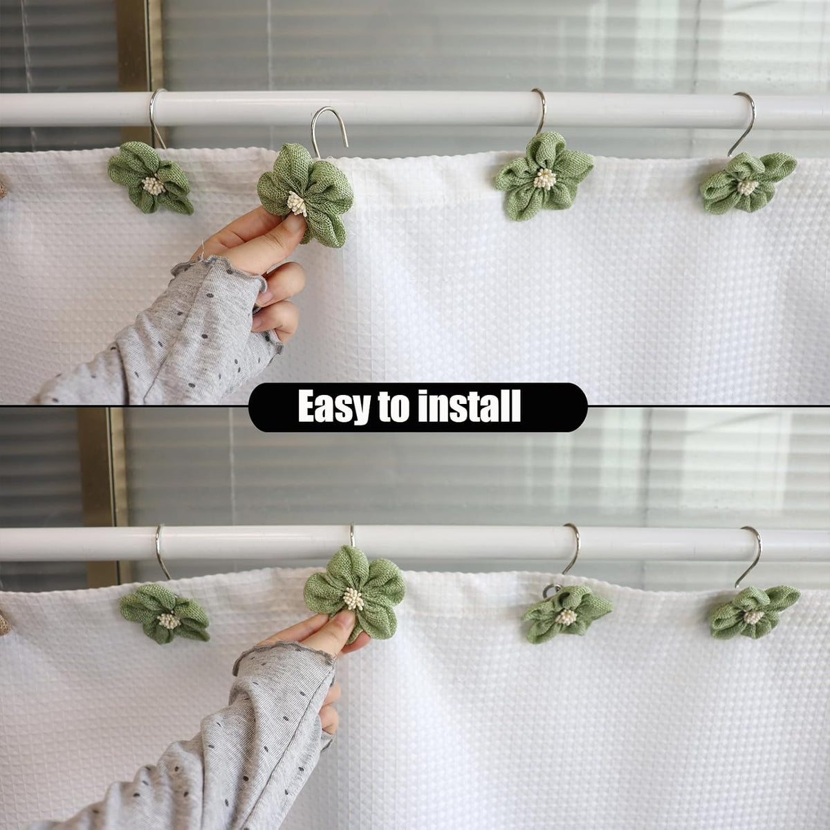 Flower Decorative Shower Curtain Hooks, Stylish Fabric Flower Shower Curtain Rings, Fashion Shower Curtain Hangers, 12PCS Shower Hooks for Shower Curtain, Bathroom, Bedroom, Living Room (Green)