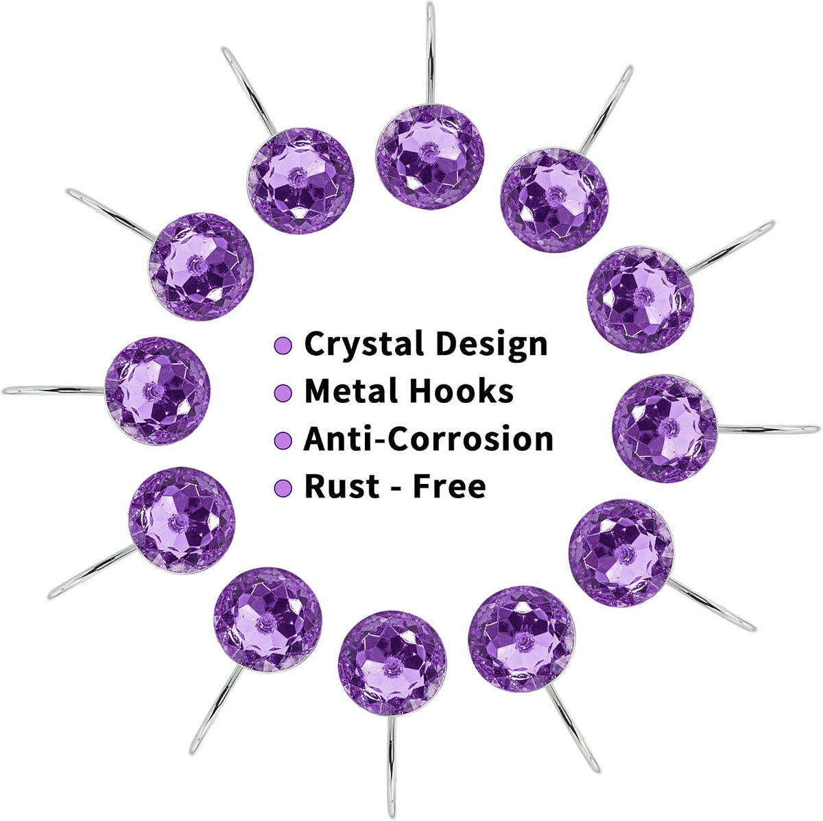 Purple Diamond Crystal Bling Shower Curtain Hooks Rings for Bathroom,12PCS
