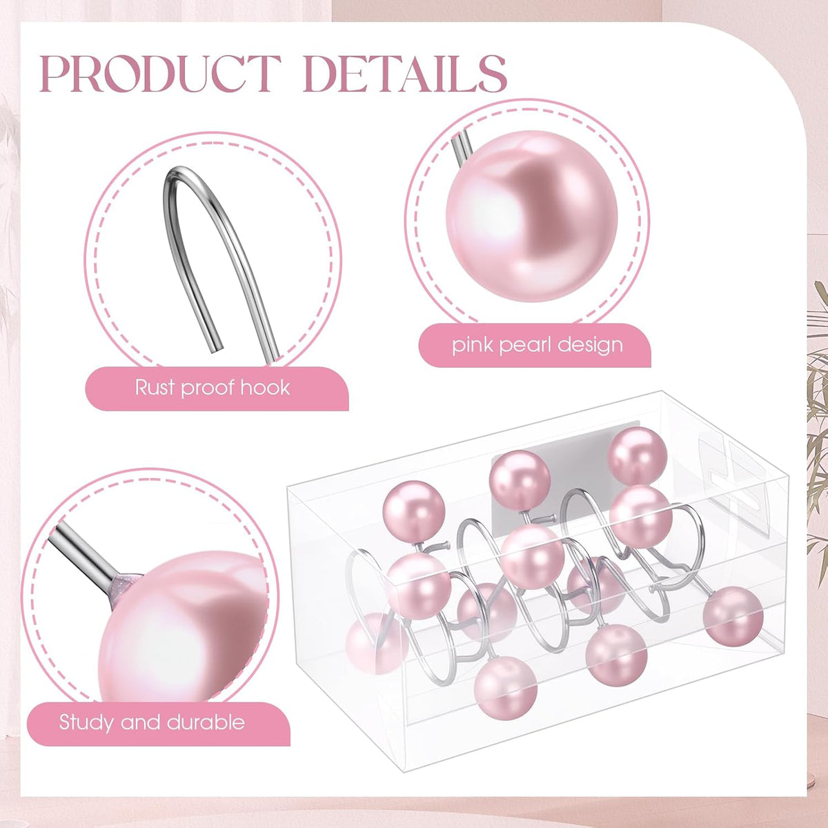 Threehoney 12 Pcs Cute Shower Curtain Hooks Shower Curtain RingPink
