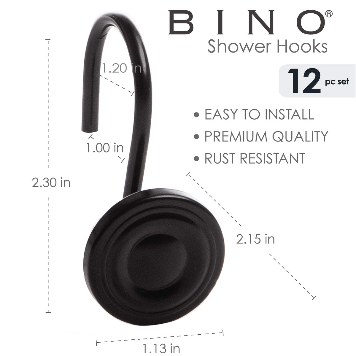 BINO | Shower Curtain Hooks - Brushed Nickel - Set of 12 | Hooks Shower Curtain | Shower Curtain Rings Hooks | Rust Proof Shower Curtain Hooks | Bathroom Shower Hooks For Curtain | Bathroom Essentials