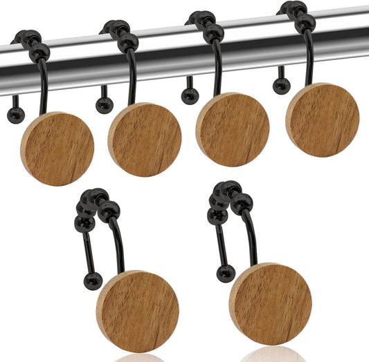 Wood Shower Curtain Hooks, Wooden Decorative Shower Curtain Rings, Modern Round Log Shower Curtain Hangers, 12PCS Shower Hooks for Shower Curtain Rod, Bathroom, Bedroom, Living Room (Black)