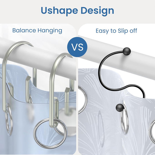 Shower Curtain Hooks Rings ，Double Sided Shower Curtain Hooks Rust Proof，12 pcs Shower Hooks for Inside Shower，Smooth Sliding Anti-Drop Double Shower Rings for Curtain (Nickel)