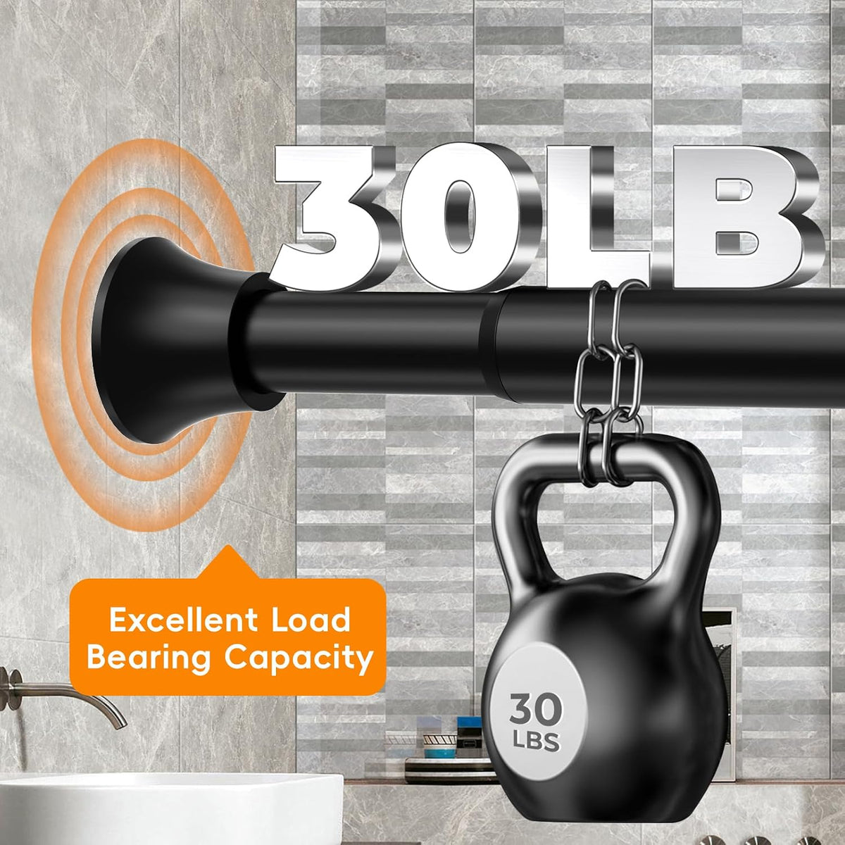 Black Tension Shower Curtain Rod Shower Tension Rods for Window Adjustable 30 To 64 Inch,Shower Curtain Rods Spring Tension For Bathroom No Drilling No Rust