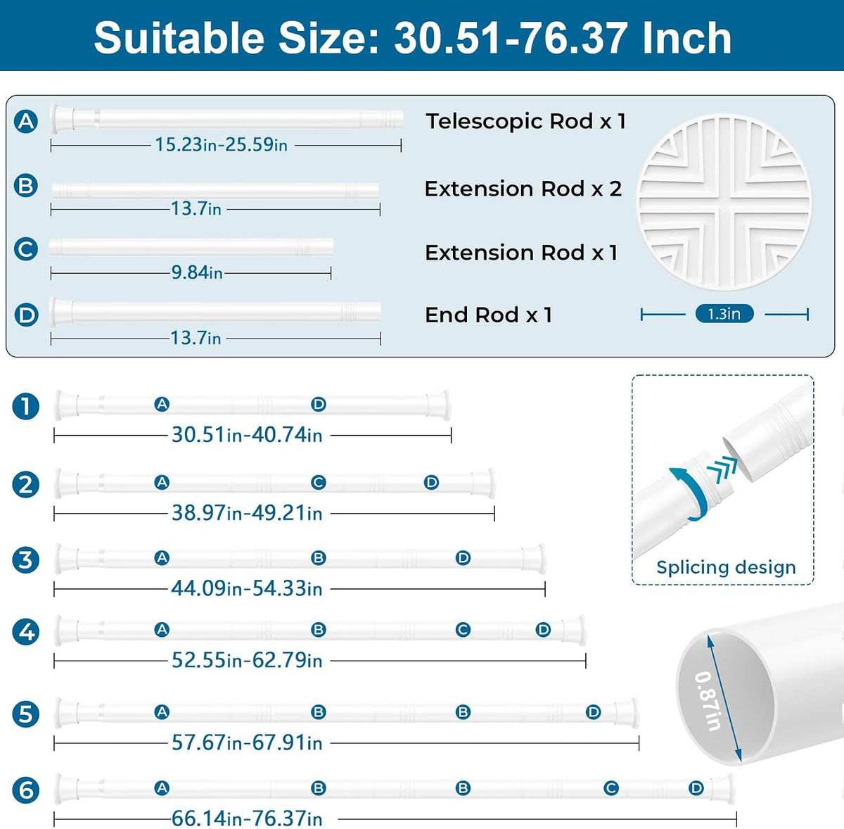 Spring Tension Curtain Rod  for Window,White 31-76" 2 Pack Shower Rod