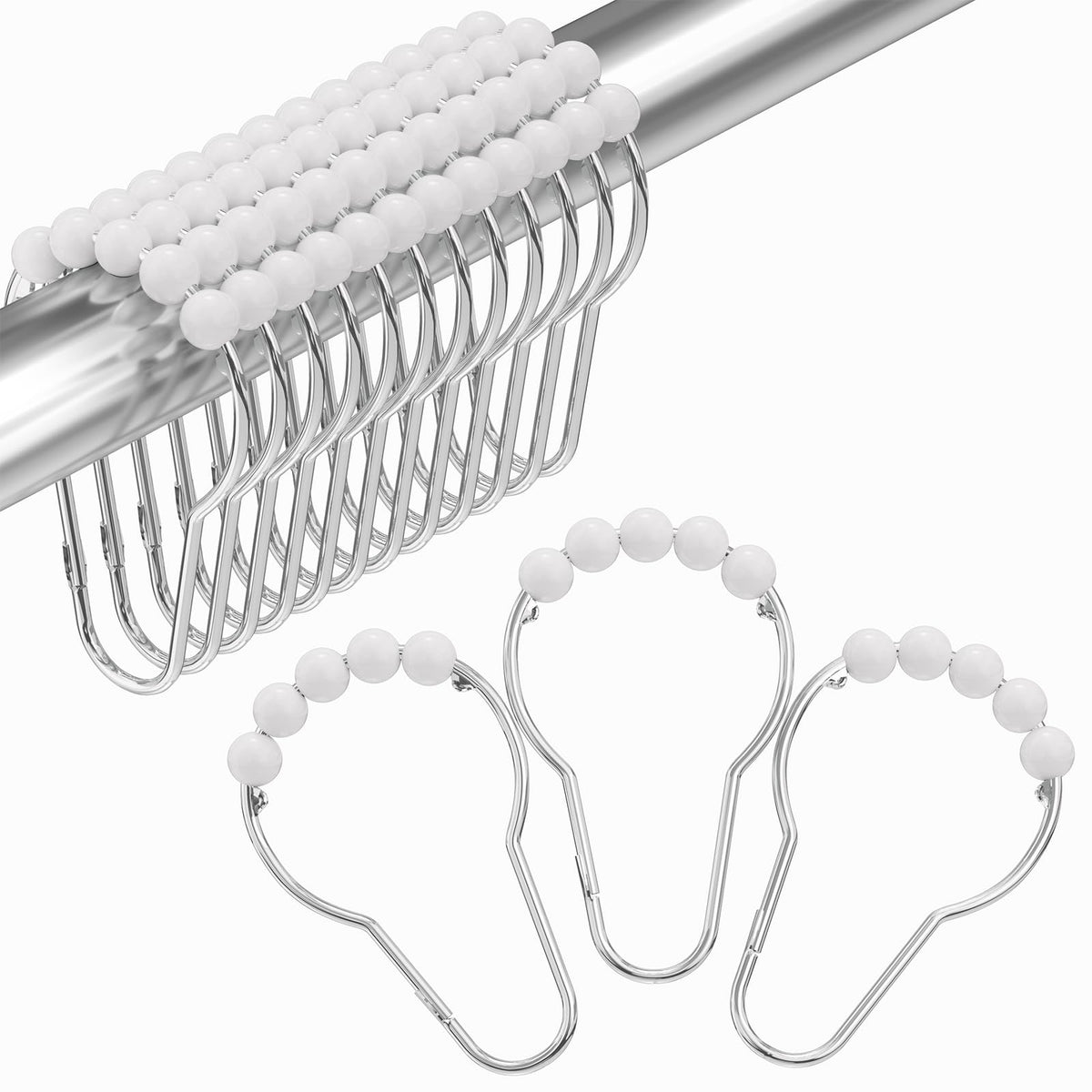 Amazer Shower Curtain Hooks, Decorative Shower Curtain Hooks Rust Proof Stainless Steel Shower Curtain Hooks, Shower Hooks for Shower Curtain Bathroom 12PCS, Polished Chrome