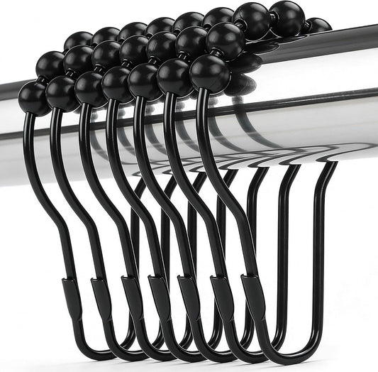 Shower Curtain Hooks Rings, Rustproof Metal Shower Curtain Rings for Bathroom Shower Rods Curtains - Set of 12, Matte Black