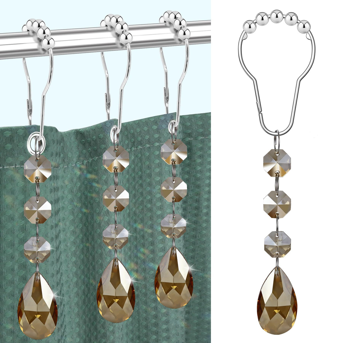 Shower Curtain Hooks Rings for Bathroom, 12PCS Gemstone Crystal Bead Water Drop Stainless Steel Rust Resistant Clear Shower Curtain Rings (Clear)
