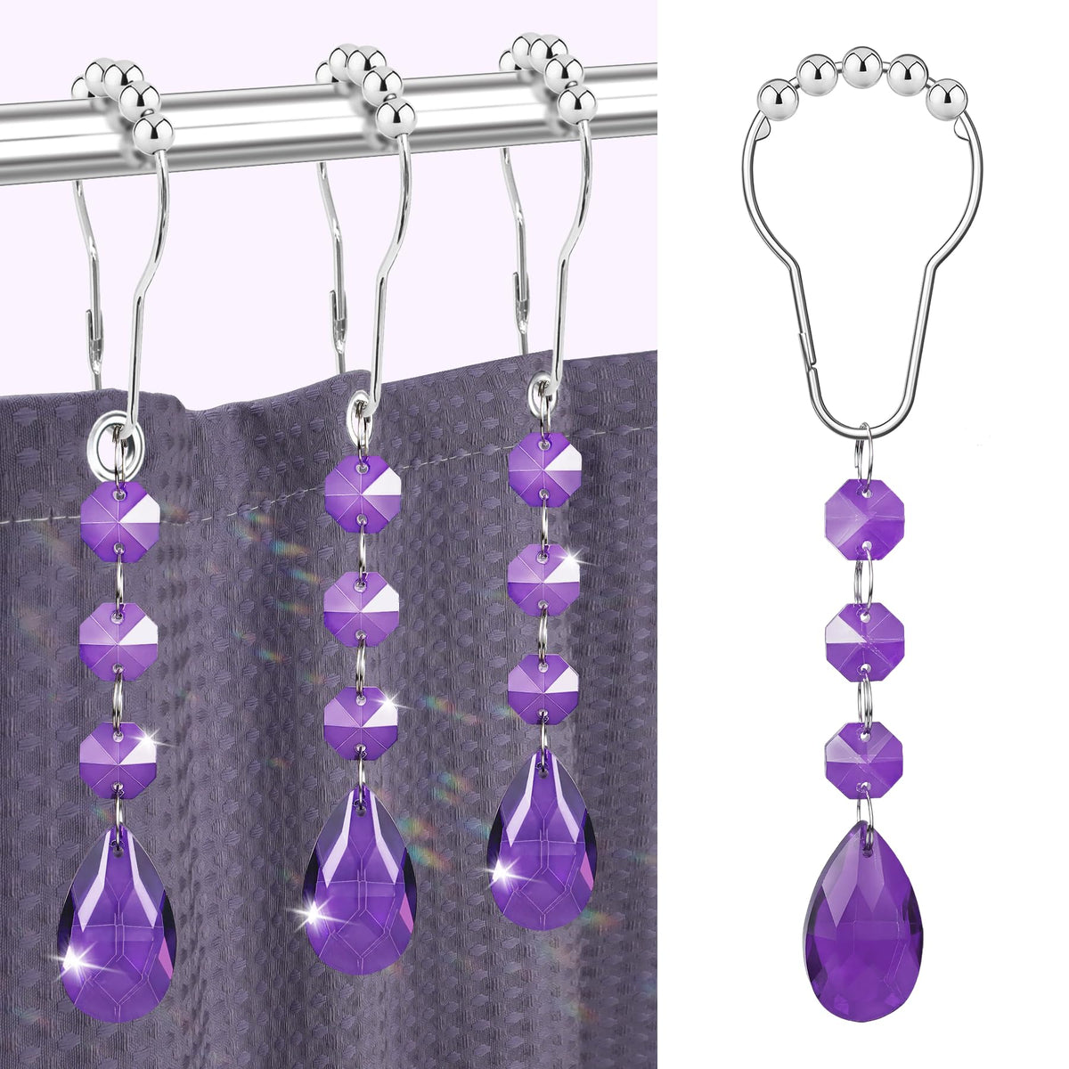 Shower Curtain Hooks Rings for Bathroom, 12PCS Gemstone Crystal Bead Water Drop Stainless Steel Rust Resistant Clear Shower Curtain Rings (Clear)