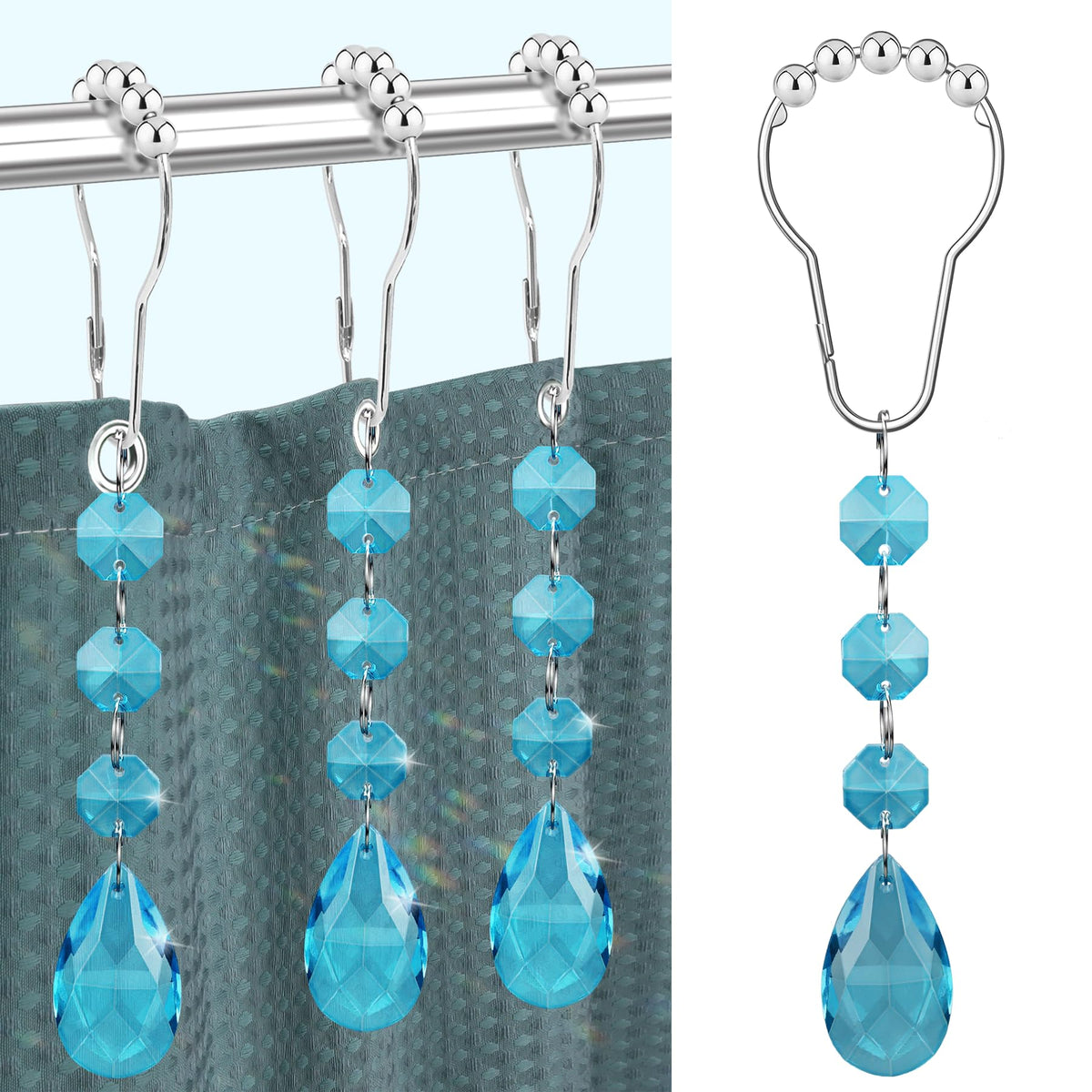 Shower Curtain Hooks Rings for Bathroom, 12PCS Gemstone Crystal Bead Water Drop Stainless Steel Rust Resistant Clear Shower Curtain Rings (Clear)