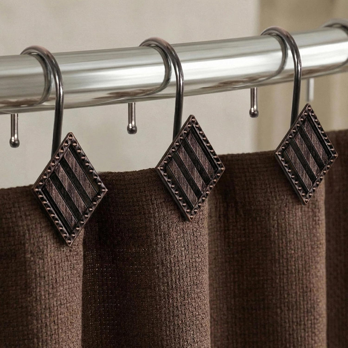 Vintage Bronze Shower Curtain Hooks: 12PCS Geometric Bathroom Curtain Ring