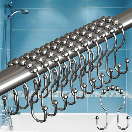 BigFoot Shower Curtain Hooks, Stainless Steel, Rust-Resistant, Easy Install | 12 Pcs, Double Hooks Hold Liner & Curtain, Smooth Glide & Secure Hold, Nickel, Fits Any Shower Curtain Rod