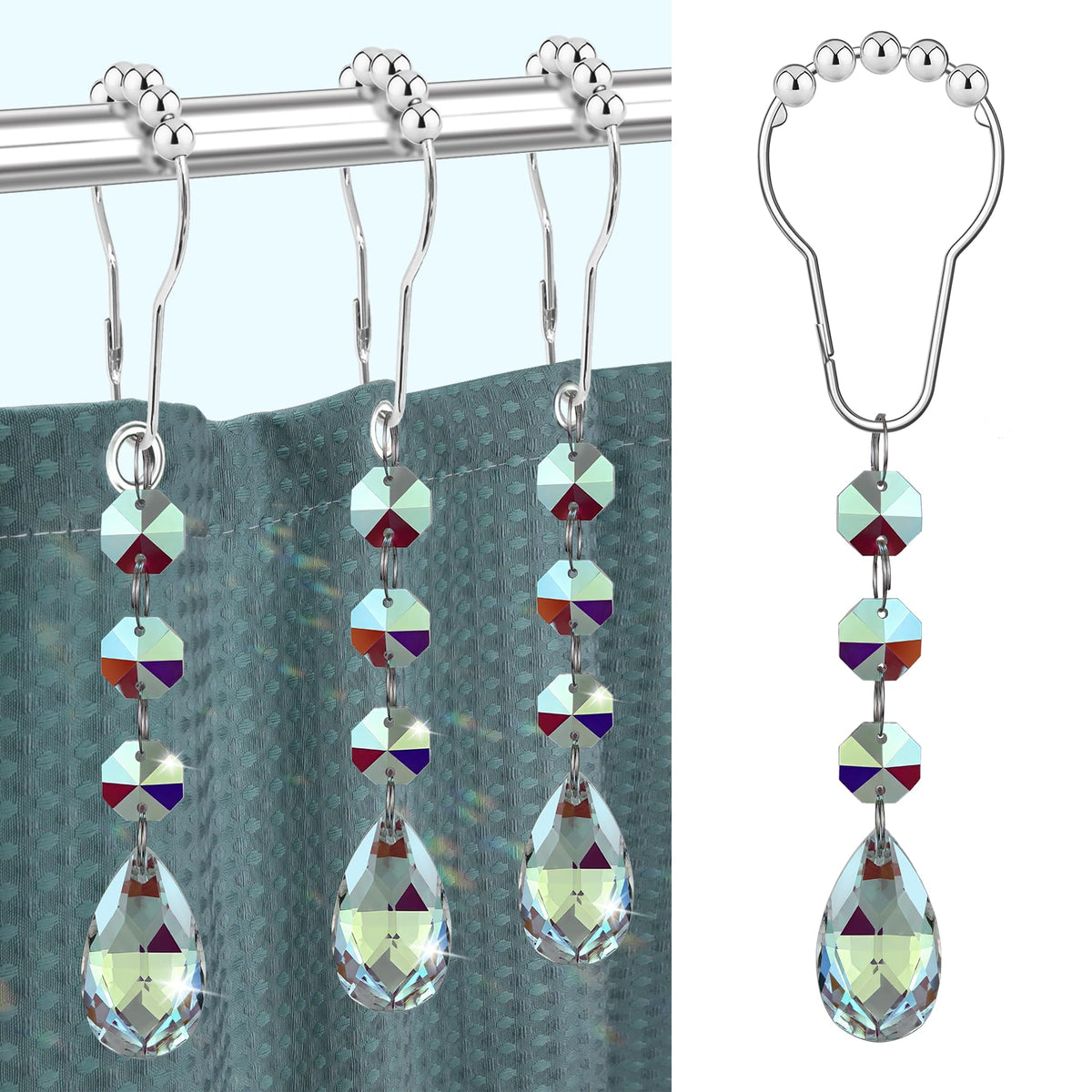 Shower Curtain Hooks Rings for Bathroom, 12PCS Gemstone Crystal Bead Water Drop Stainless Steel Rust Resistant Clear Shower Curtain Rings (Clear)