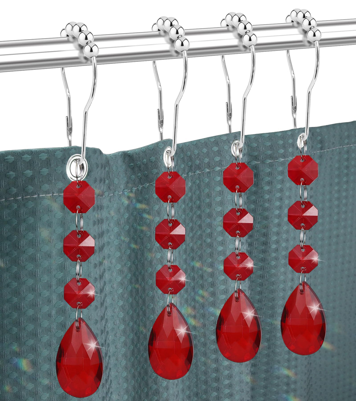 Shower Curtain Hooks Rings for Bathroom, 12PCS Gemstone Crystal Bead Water Drop Stainless Steel Rust Resistant Clear Shower Curtain Rings (Clear)
