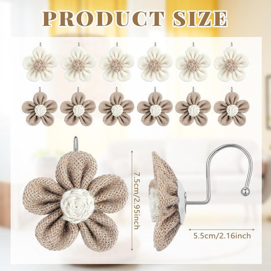 12 Pcs Boho Flower Shower Curtain Hook Khaki Cream Farmhouse Bathroom Decor