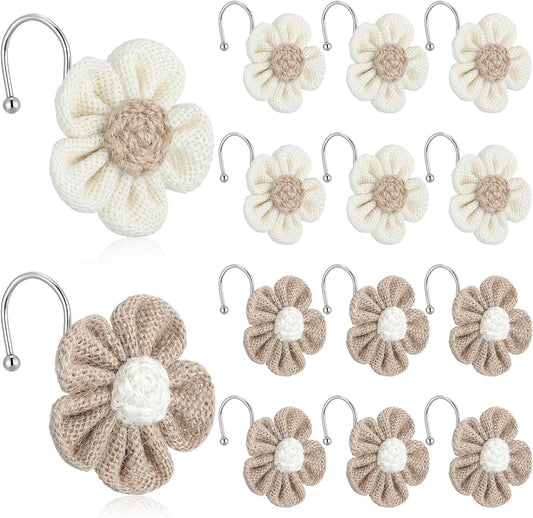 12 Pcs Boho Flower Shower Curtain Hook Khaki Cream Farmhouse Bathroom Decor